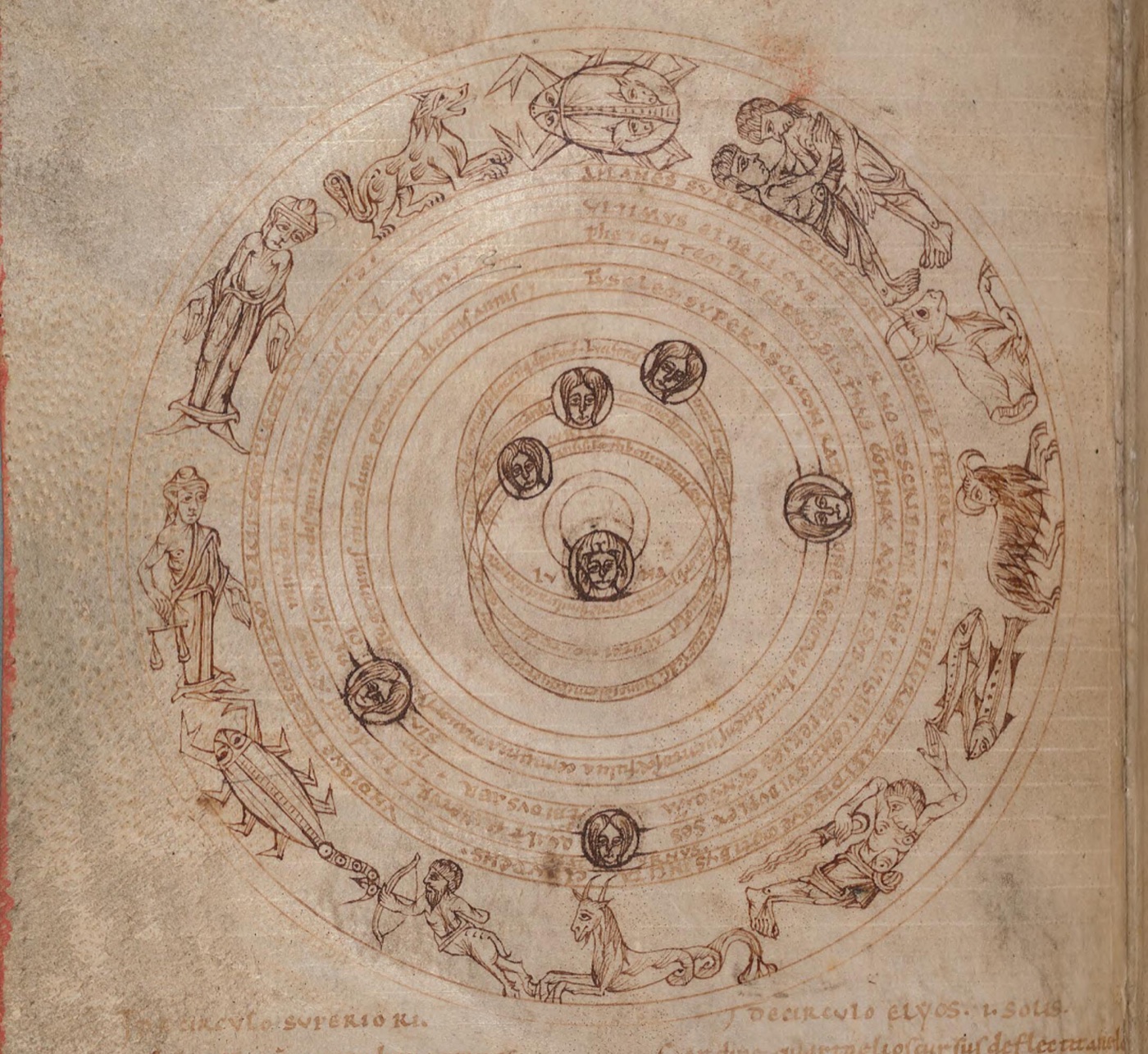 A ring of zodiac symbols glowing faintly around a crescent moon on a dark background.